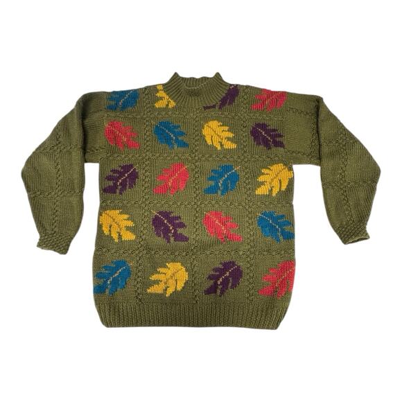 Vintage Mark Shale Large Wool Olive Green Autumn Fall Leaves AOP Sweater - Picture 1 of 10